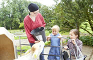 Eine Dorfhelferin tränkt ein Kalb; zwei Kinder sehen zu.