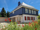 Haus mit blauem Obergeschoss und großen Fenster, im Vordergrund Mohnblumen