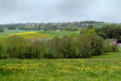 Eine Wiese vor einem von Gehölz eingerahmten Graben. Über den Sträuchern und Bäumen ist am gegenüberliegenden Hügelkamm ein Dorf erkennbar, das von Wiesen, Feldern und Wäldern umgeben ist.